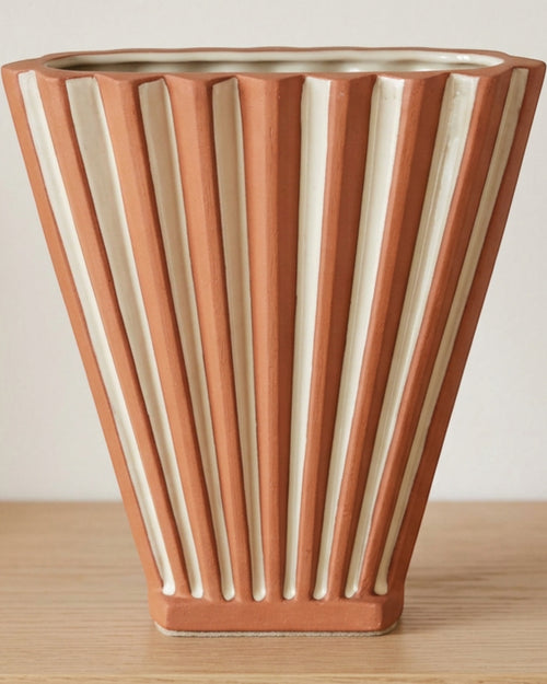 Purn Pleated Fan-Profile Ceramic Vase 27 cm Terracotta and Cream - Lifestyle view