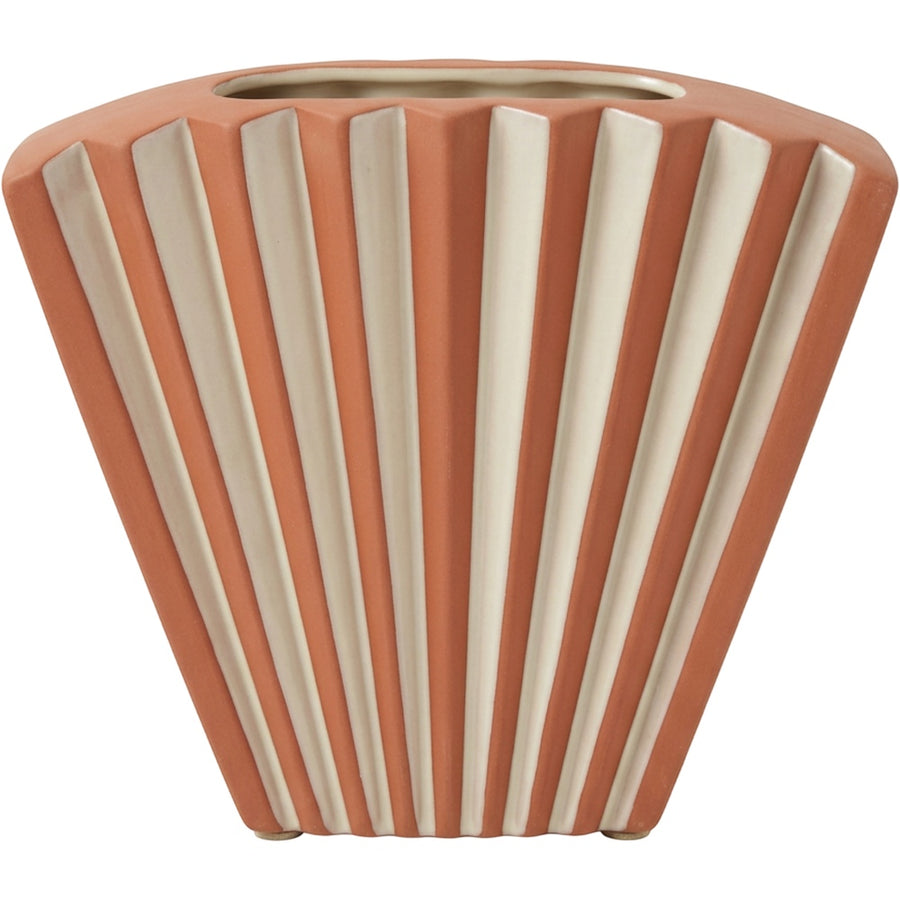 Purn Pleated Fan-Profile Ceramic Vase 27 cm Terracotta and Cream